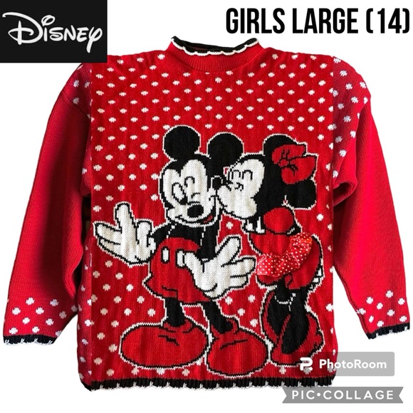 VTG Mickey For Kids Girls Sweater 80s Minnie Kissing Mickey Mouse Red Polka Dot